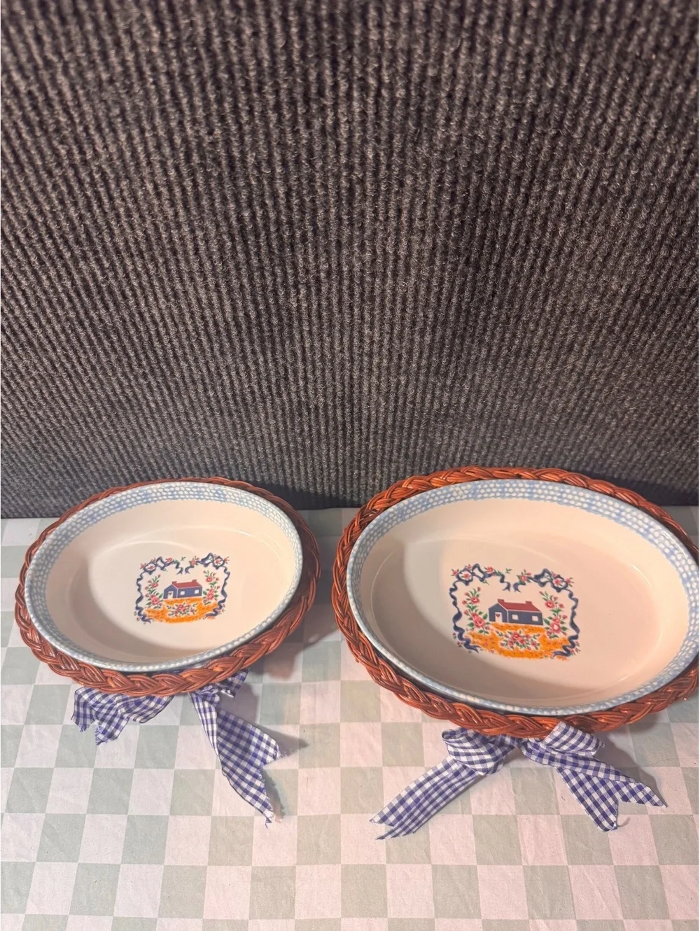 Teamson 1995 Oval Serving Bowls with Wicker Holders and Blue Gingham